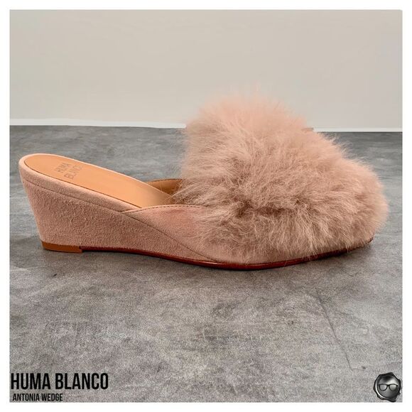 ANTHROPOLOGIE HUMA BLANCO ANTONIA WEDGE MULE SANDAL IN ROSE PINK ALPACA FUR TRIM - Picture 5 of 16